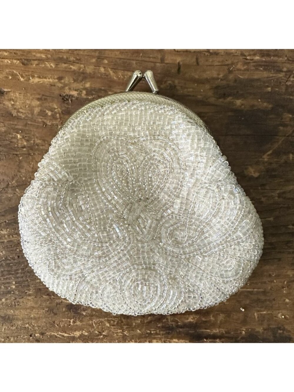 Vintage Beaded Purse Small Ivory White Satin Lining Kiss Lock Knick Knacks Retro